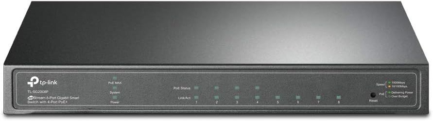 مفتاح TP‑Link TL‑SG2008P JetStream ذكي مدار 8 منافذ جيجابت مع دعم PoE+ – 4 منافذ PoE+ بميزانية 62 واط، مع ميزات Omada SDN وطبقة 2