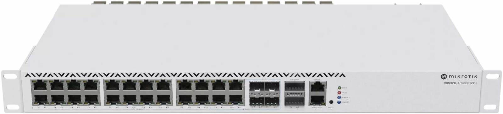 MikroTik CRS326-4C+20G+2Q+RM – 20× 2.5 GbE + 4× 2.5/10G Combo + 2× 40 Gb QSFP+ Rack-Mount Switch (RouterOS v7, Redundant PSU)