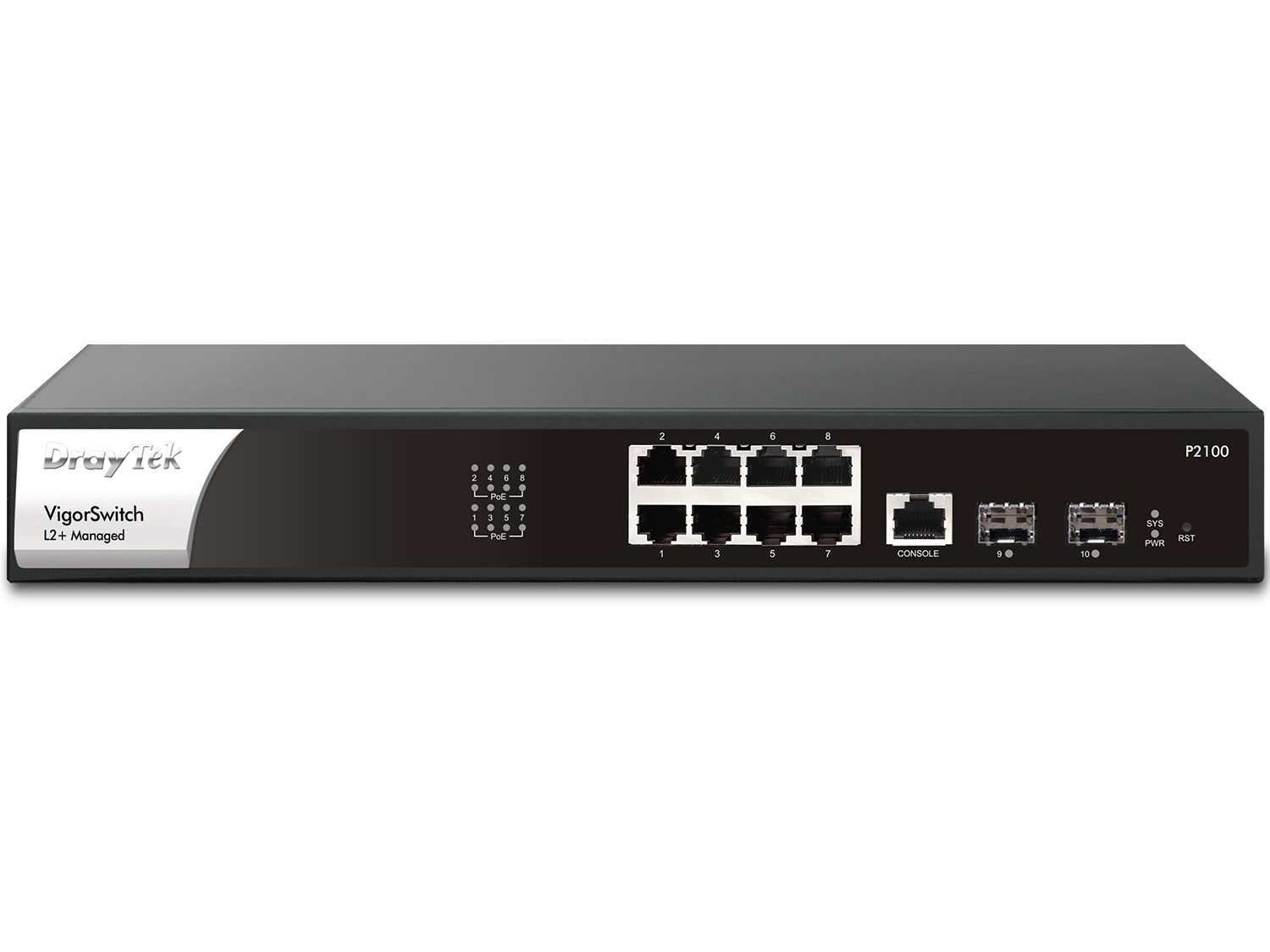 DrayTek VigorSwitch P2100 10-Port Managed PoE+ Gigabit Switch 8× PoE/PoE+ + 2× SFP, L2+ with VLAN and QoS
