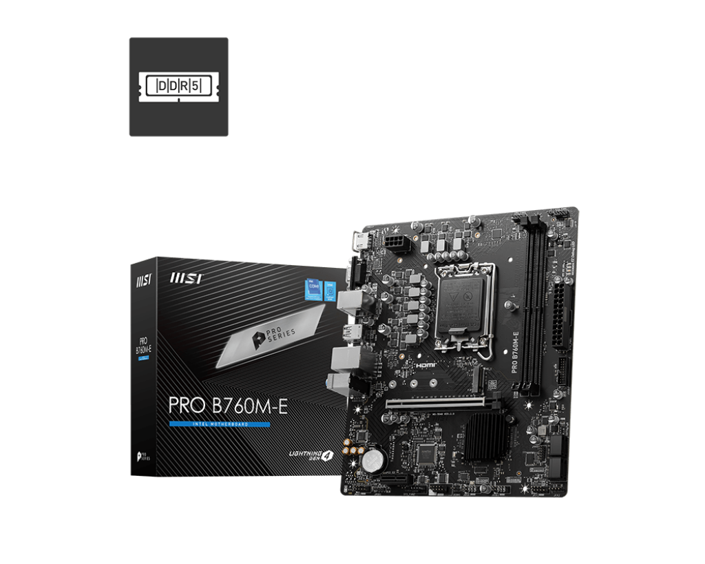 MSI PRO B760M-E LGA 1700 mATX Intel Motherboard Intel B760 Chipset RTL8111H Gigabit LAN 2x DDR5, Maximum Memory Capacity 128GB 1x PCI-E x16 slot 911-7D48-071