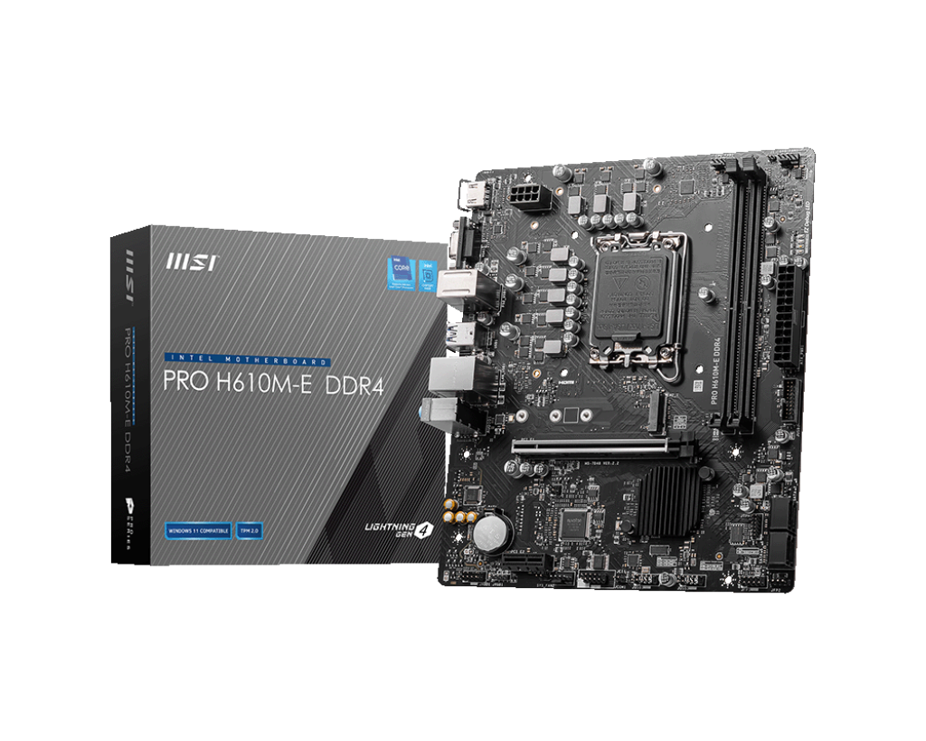 لوحة أم MSI PRO H610M-E DDR4 Micro-ATX، مقبس LGA 1700، شريحة H610، وحدة تحكم شبكة محلية Realtek RTL8111H بسرعة 1 جيجابت في الثانية، فتحتان لذاكرة DDR4، تدعم حتى 64 جيجابايت، 911-7D48-062