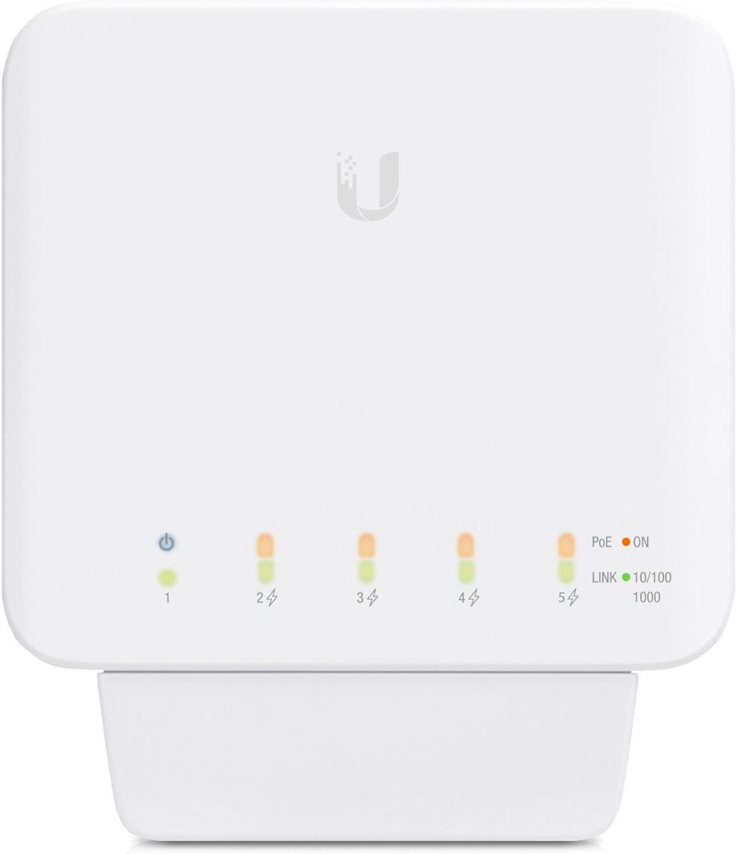 مفتاح Ubiquiti UniFiSwitchFlex المُدار بتقنية PoE بخمسة منافذ Gigabit Layer2 مع خرج PoE يصل إلى 46 واط وتصميم مقاوم للعوامل الجوية - USW-Flex
