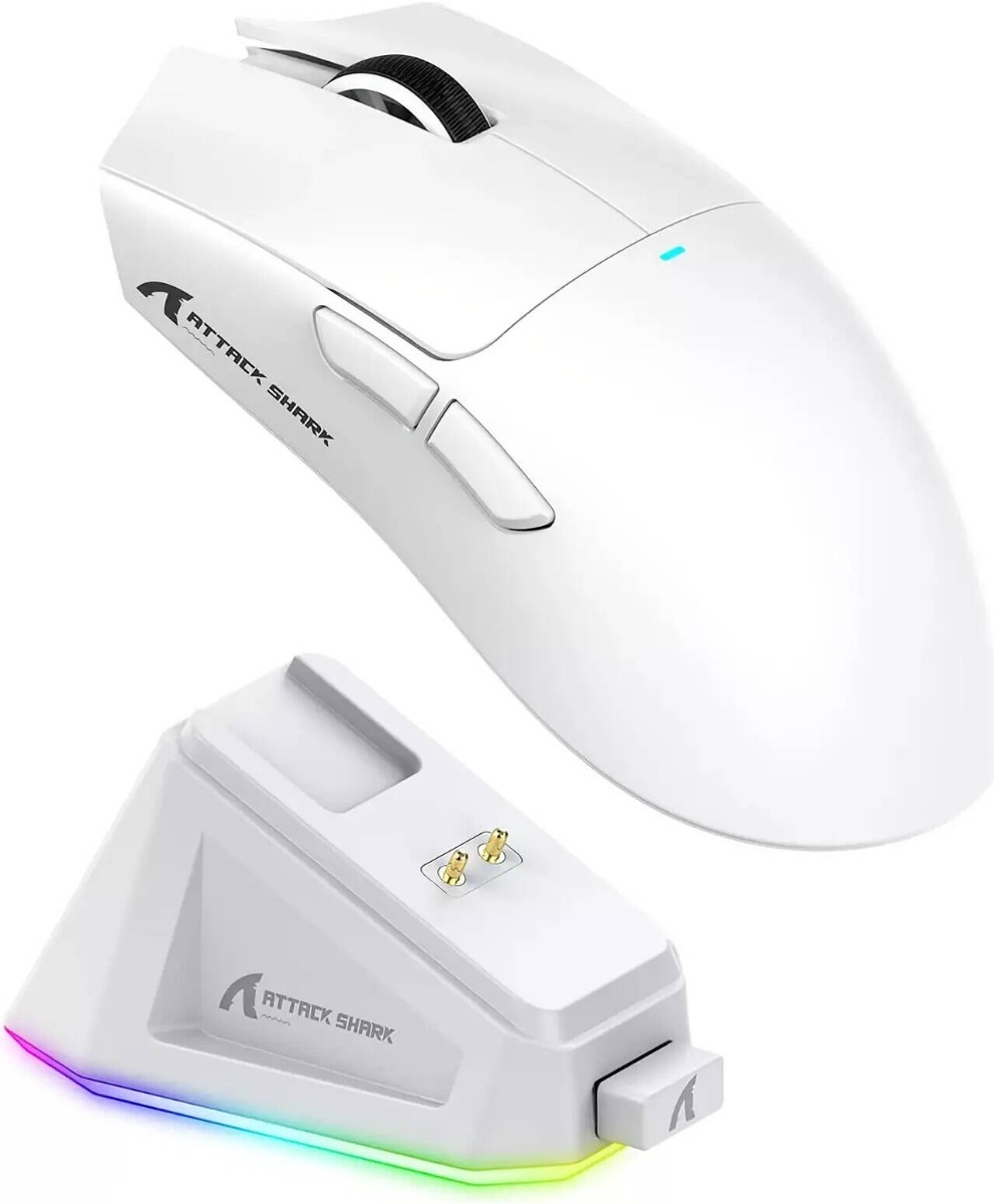 Attack Shark X11 White Wireless Gaming Mouse with RGB Magnetic Charging Dock PixArt PAW3311 Gaming Sensor, BT/2.4G Wireless/Wired