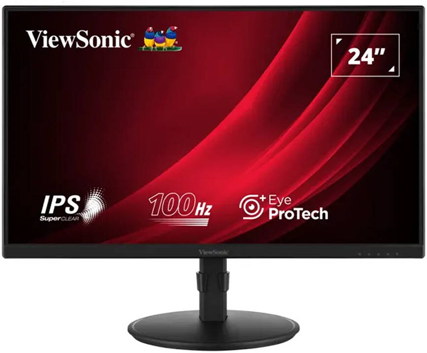 شاشة ViewSonic VG2408 مقاس 24 بوصة بتقنية IPS ودقة Full HD، معدل تحديث 100 هرتز، زمن استجابة 5 مللي ثانية (GtG)، دقة 1920×1080، شاشة مانعة للتوهج، موزع USB، منافذ HDMI وDisplayPort وVGA، اللون الأسود.