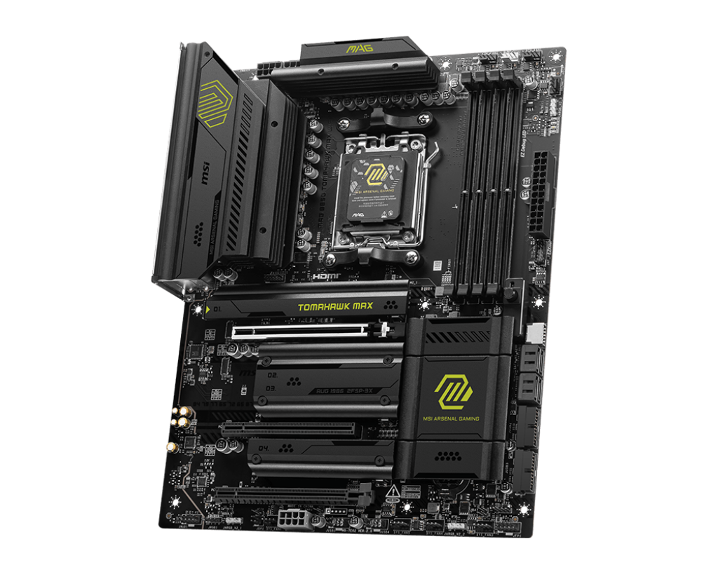 لوحة أم MSI MAG B850 TOMAHAWK MAX WiFi، تدعم معالجات AMD AM5 وذاكرة DDR5، جاهزة لمعالجات Ryzen 7000/8000، تدعم PCIe 5.0، وفتحة M.2 من الجيل الخامس، وشبكة LAN بسرعة 2.5 جيجابت/ثانية وWi-Fi 7، لوحة ألعاب من نوع ATX.