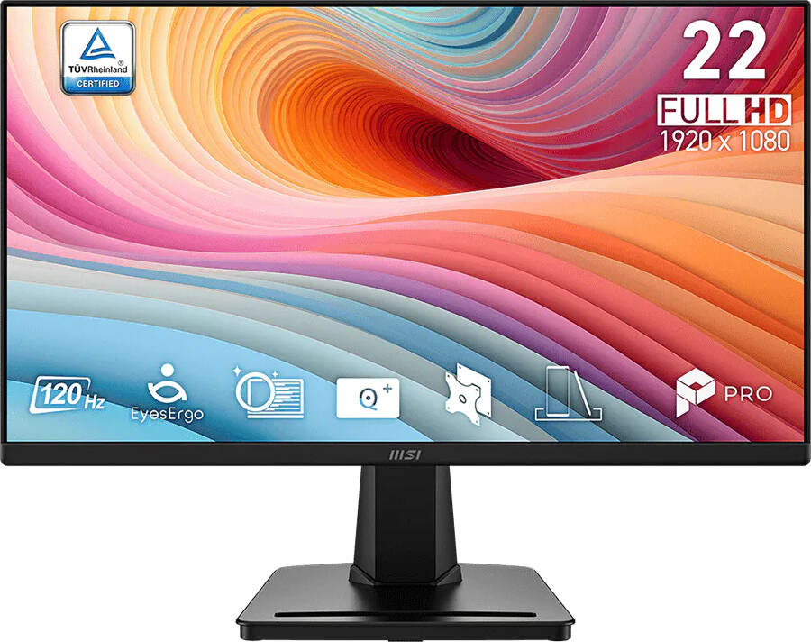 MSI PRO MP225 E12VL Business Productivity Monitors 22" FHD 1920 x 1080 VA Display 120Hz Refresh Rate 1ms (MPRT) Response Time EyesErgo Tech, Anti-glare, Anti-flicker, Less Blue Light 1× HDMI 1.4b - Black