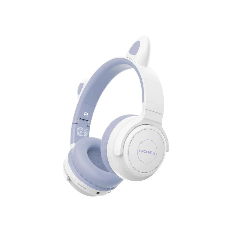Promate Panda KidSafe Wireless Headphones, 93 dB Safe Volume, Bluetooth v5.0, 40 h Battery, LED Cat Ears, MicroSD & AUX Modes- Lilac