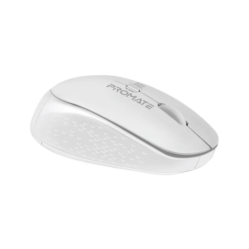 ماوس لاسلكي مريح بتصميم مريح (Ergonomic) من بروميت Tracker بدقة قصوى 1600 DPI، يعمل بتقنية 2.4GHz، مع مستويات DPI قابلة للتعديل (800/1200/1600)، جهاز استقبال USB نانو، مدى تشغيل 10 أمتار، يعمل ببطارية AA، باللون الأبيض.