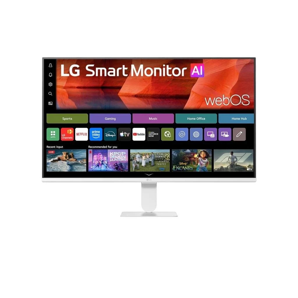 شاشة إل جي سمارت AI U5s مقاس 27 بوصة بدقة FHD ‏1920×1080، لوحة IPS، معدل تحديث 120 هرتز، زمن استجابة 5 مللي ثانية، HDR10 Pro، تغطية ألوان sRGB بنسبة 99%، بث مباشر مع نظام webOS، منفذا HDMI، باللون الأبيض.
