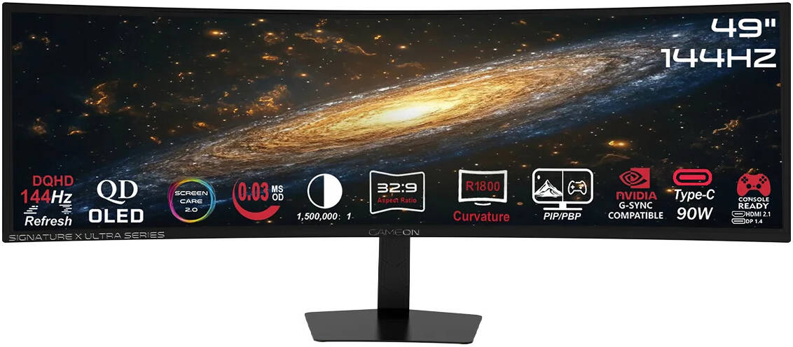 شاشة GAMEON Signature X فائقة العرض، مقاس 49 بوصة، بشاشة QD OLED منحنية بدقة 5K، معدل تحديث 144 هرتز، زمن استجابة OD يبلغ 0.03 مللي ثانية، HDMI 2.1، نسبة العرض إلى الارتفاع: 32:9، باللون الأسود.