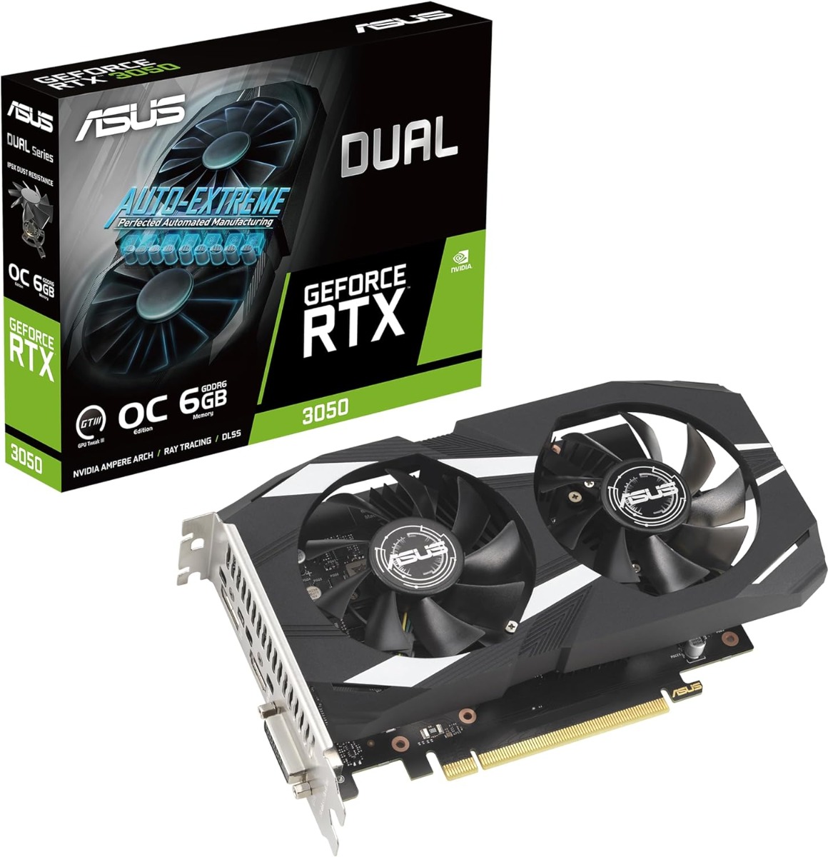 ASUS Dual NVIDIA GeForce RTX 3050 6GB OC Edition Gaming Graphics Card 6GB GDDR6 1537 MHz Boost Clock 14 Gbps Memory Speed 90YV0K60-M0NA00