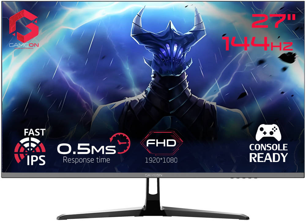 GAMEON GOES27FHD144IPS شاشة ألعاب من سلسلة إسينشال، مقاس 27 بوصة، بدقة FHD ‏1920×1080، بتقنية IPS، ومعدل تحديث 144 هرتز، وزمن استجابة 0.5 مللي ثانية (MPRT)، وتقنية VRR مع AMD FreeSync / Adaptive-Sync، ومنفذ HDMI 2.1، باللون الأسود.