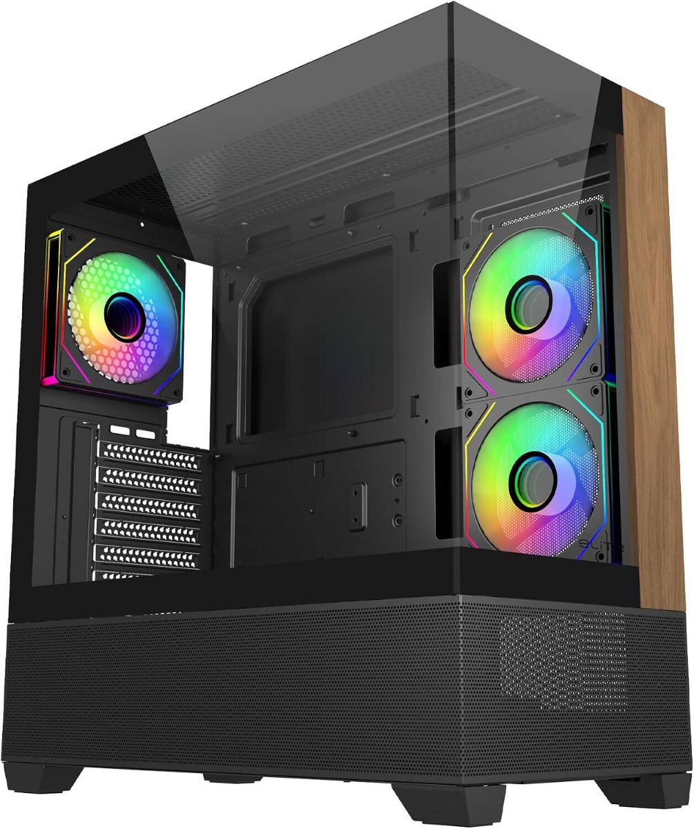 Cooler Master Elite 690 Wood ATX Mid Tower Computer Case, Tempered Glass Wood Front, Up to 360mm Radiator Support, 3x 120mm ARGB PWM Fans -Black