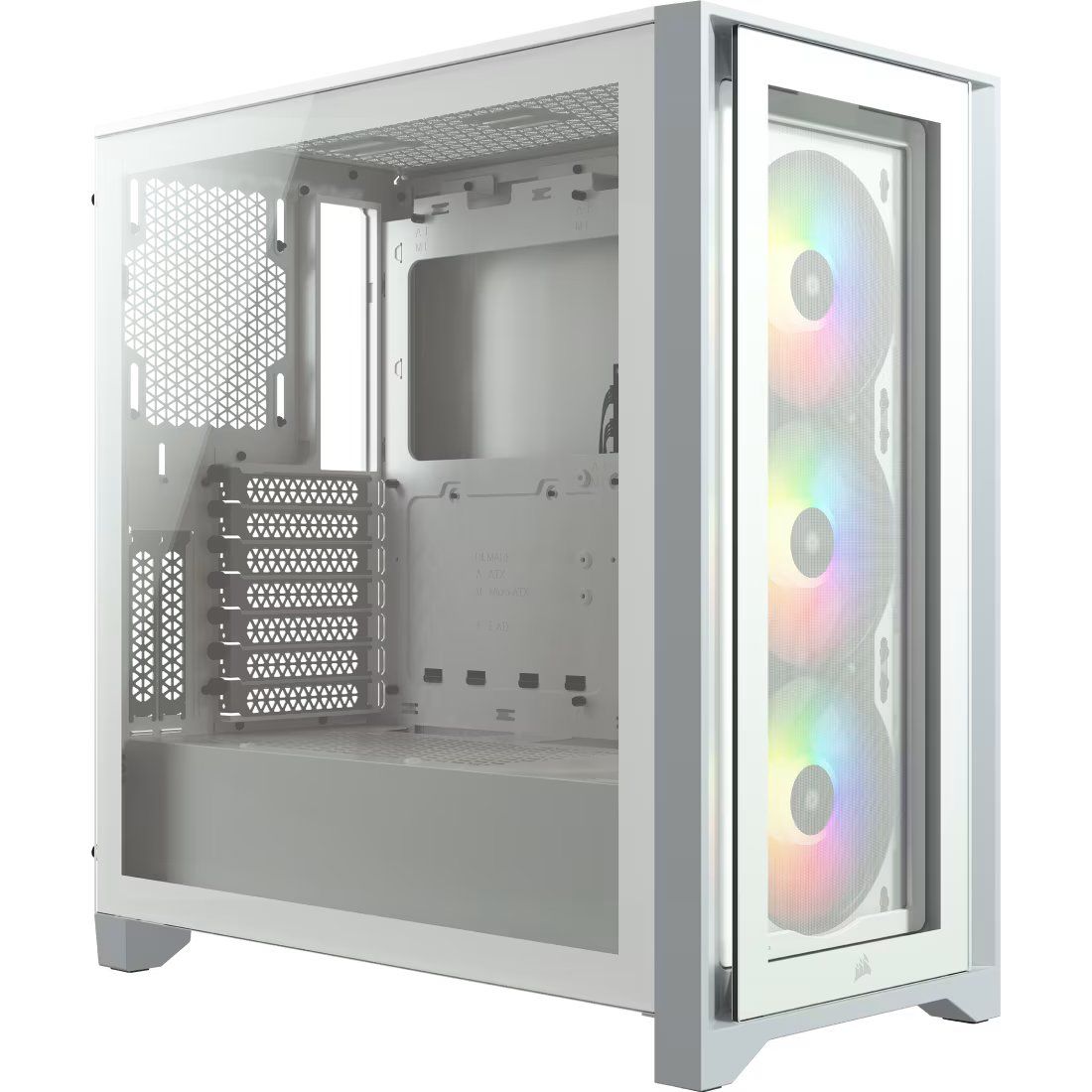 كورسير أيكيو 4000X RGB صندوق ATX متوسط الحجم بزجاج مقسى – أبيض، مزود بثلاث مراوح SP120 RGB ELITE AirGuide، وحدة إضاءة iCUE Lighting Node CORE، منافذ أمامية USB-C، دعم مشعاع 360مم، ونظام إدارة الكابلات RapidRoute