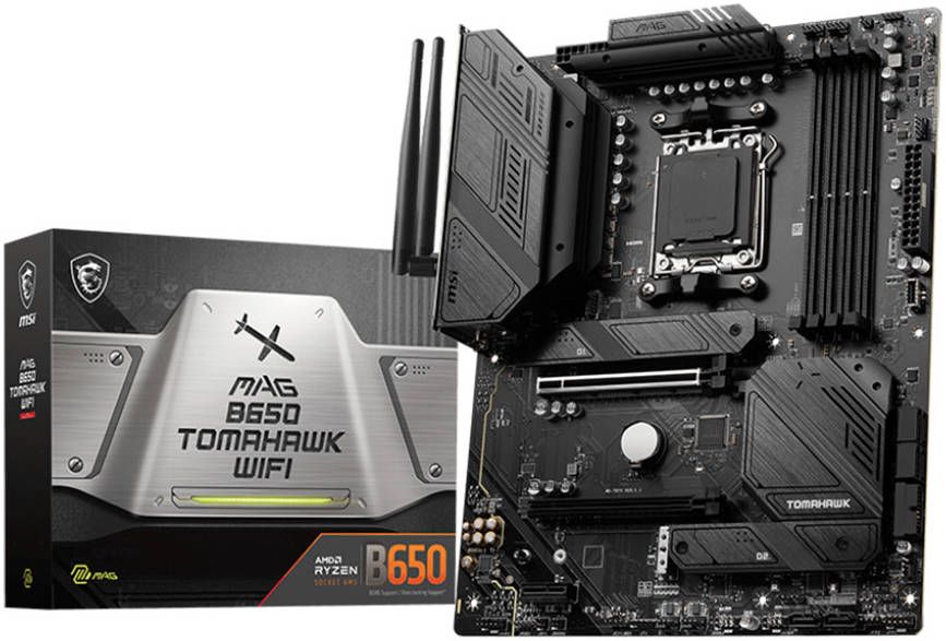 لوحة أم MSI MAG B650 TOMAHAWK WIFI AM5 ATX، شريحة AMD B650، منفذ LAN بسرعة 2.5 جيجابت في الثانية، 4 منافذ DDR5، سعة ذاكرة قصوى 256 جيجابايت، منفذان PCI-E x16، رقم الموديل 911-7D75-010