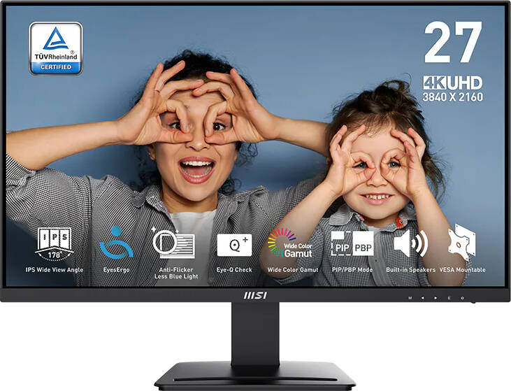 MSI PRO MP273U 4K Professional Monitor 27" UHD 3840 X 2160 IPS Display 60Hz Refresh Rate 4ms (GtG) Response Time EyesErgo Technology Less Blue Light Anti Flicker Free 1× HDMI 2.0 1× DP 1.2 - Black