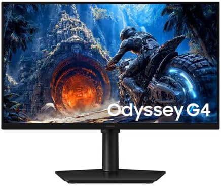شاشة ألعاب سامسونج أوديسي G4 مقاس 27 بوصة، دقة FHD ‏1920 × 1080، شاشة IPS، معدل تحديث 300 هرتز، زمن استجابة 1 مللي ثانية، مضادة للوهج، HDR10، متوافقة مع NVIDIA G-Sync، باللون الأسود.