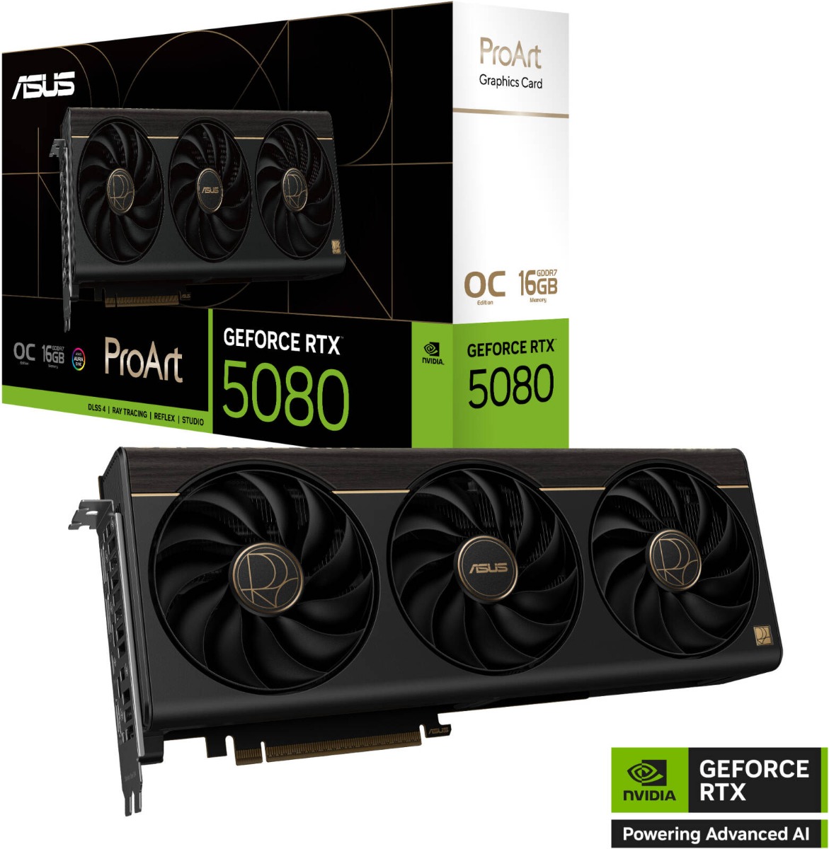 بطاقة رسومات ASUS ProArt GeForce RTX 5080 إصدار OC بسعة 16 جيجابايت GDDR7، عرض ناقل 256-بت، تردد تعزيز 2700 ميجاهرتز، وسرعة ذاكرة 30 جيجابت/ثانية