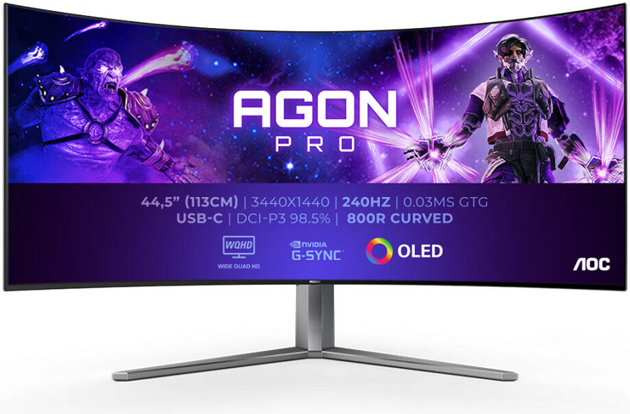 شاشة ألعاب منحنية AOC Agon PRO AG456UCZD بحجم 44.5 بوصة بتقنية OLED ودقة WQHD ‏3440 × 1440، معدل تحديث 240 هرتز، زمن استجابة 0.03 مللي ثانية (GtG)، تقنية Adaptive Sync - أسو