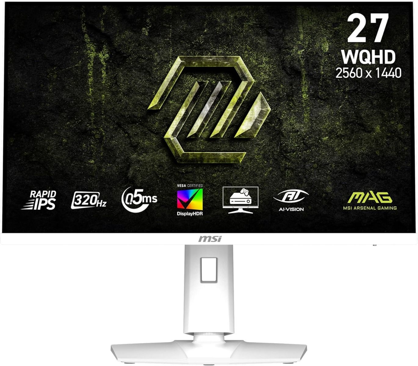 شاشة ألعاب MSI MAG 274QRFW X32 مقاس 27 بوصة بدقة WQHD وتقنية Rapid IPS ومعدل تحديث 320 هرتز وزمن استجابة 0.5 مللي ثانية ودعم DisplayHDR 400 وتقنيتي G-SYNC وFreeSync ومنافذ HDMI 2.1 وDisplayPort باللون الأبيض