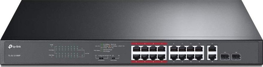 مفتاح شبكة TP‑Link TL-SL1218MP غير مُدار بتركيب رف 16 منفذ 10/100 PoE+ – 2× جيجابت + 2× SFP، وضع الأولوية و الوضع الموسع - TL-SL1218MP