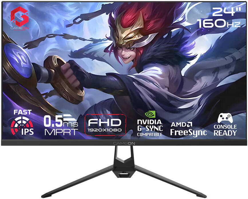 شاشة ألعاب GAMEON GOES24FHD160IPS من السلسلة الأساسية، مقاس 24 بوصة، بدقة FHD ‏1920 × 1080، شاشة IPS بمعدل تحديث 160 هرتز، زمن استجابة 0.5 مللي ثانية (MPRT)، تقنية FreeSync/Adaptive-Sync وتقنية GamePlus، منفذ HDMI 2.1 واحد، منفذ DisplayPort 1.4 واحد، بالل
