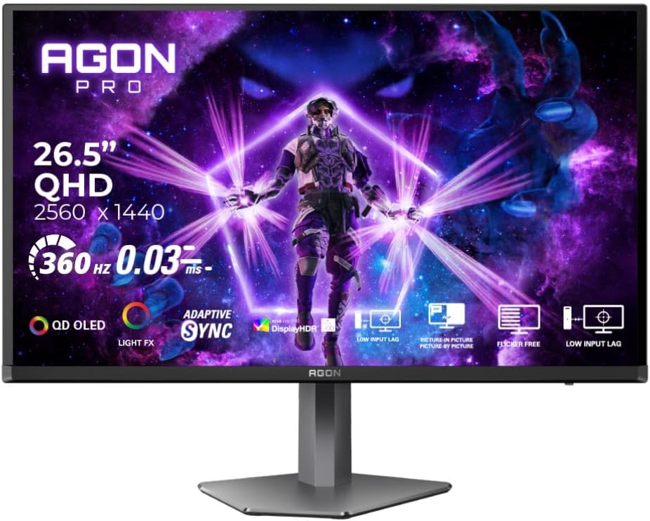 AOC AGON PRO AG276QSD 27 Inch OLED QHD Gaming Monitor 360Hz Refresh rate, 0.03MS GtG Reponse Time, DisplayHDR True Black 400, Adaptive Sync - Black