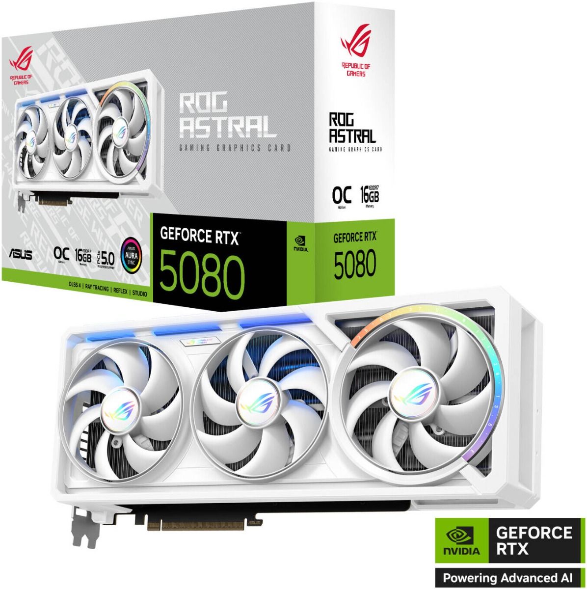 بطاقة الرسوميات ASUS ROG Astral GeForce RTX 5080 إصدار OC باللون الأبيض، ذاكرة 16 جيجابايت GDDR7 بعرض ناقل 256-بت وسرعة ذاكرة 30 جيجابت/ثانية، واجهة PCI Express 5.0