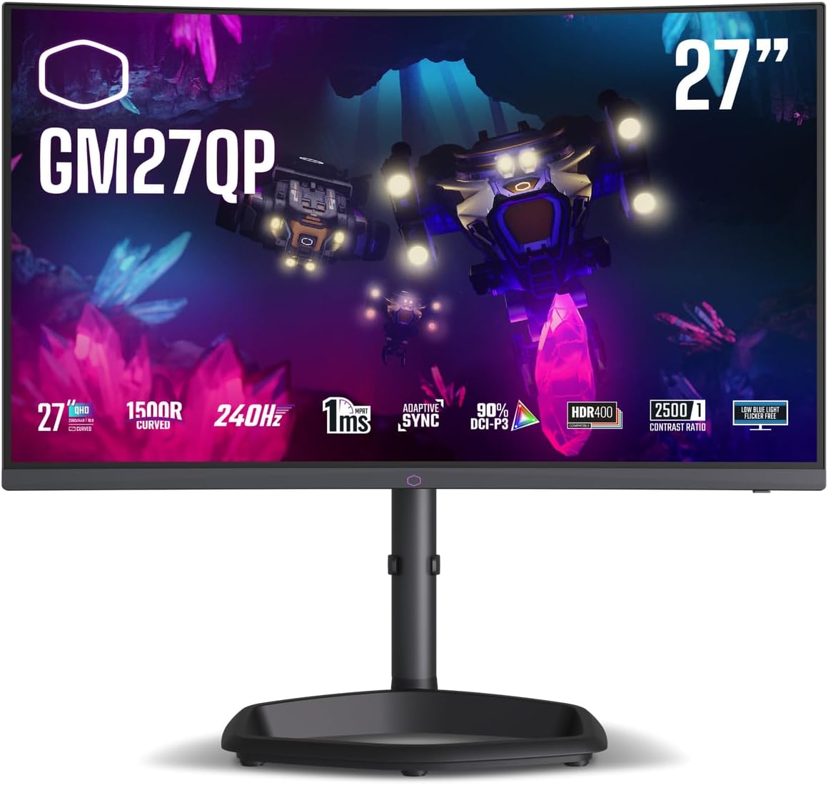 شاشة الألعاب المنحنية Cooler Master GM27QP مقاس 27 بوصة بدقة QHD معدل التحديث 240 هرتز زمن الاستجابة 1 مللي ثانية لوحة VA HDR400 المزامنة التكيفية HDMI DisplayPort مكبرات صوت أسود