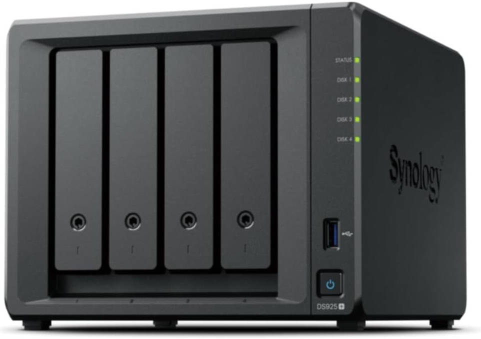 Synology Diskstation 925+ 4 BAY NAS, AMD Ryzen V1500B Processor, 4 GB DDR4 ECC SODIMM, 4 × 3.5" SATA HDD or 2.5" SATA SSD, 2 × M.2 2280 NVMe SSD - Black