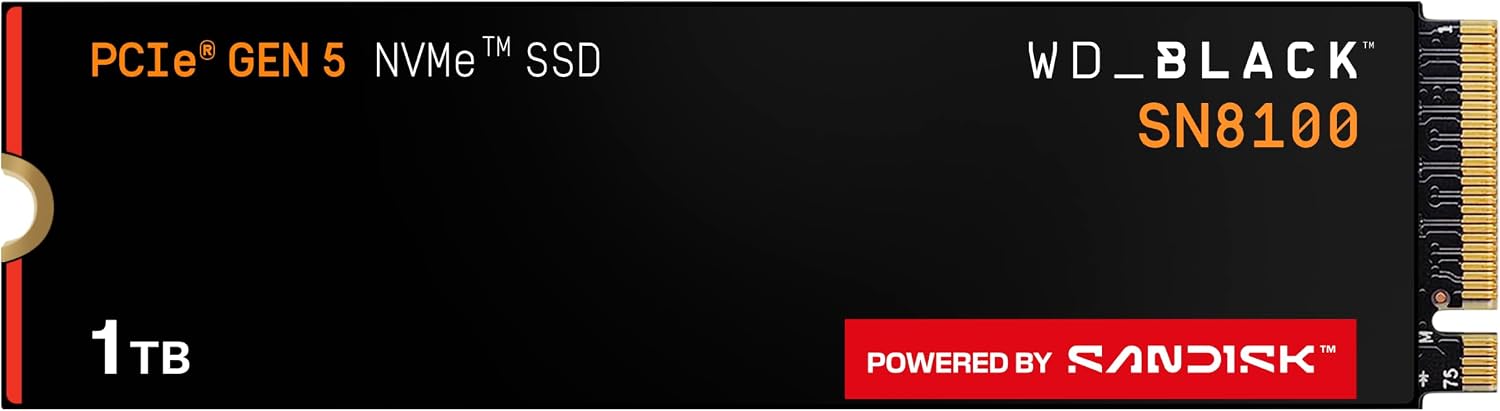 WD_BLACK SN8100 1 تيرابايت SSD NVMe، PCIe Gen 5 x4 NVMe 2.0، M.2 2280، سرعة قراءة تصل إلى 14,900 ميجابايت/ثانية، وسرعة كتابة تصل إلى 11,000 ميجابايت/ثانية، بدون مشتت حراري - أسود