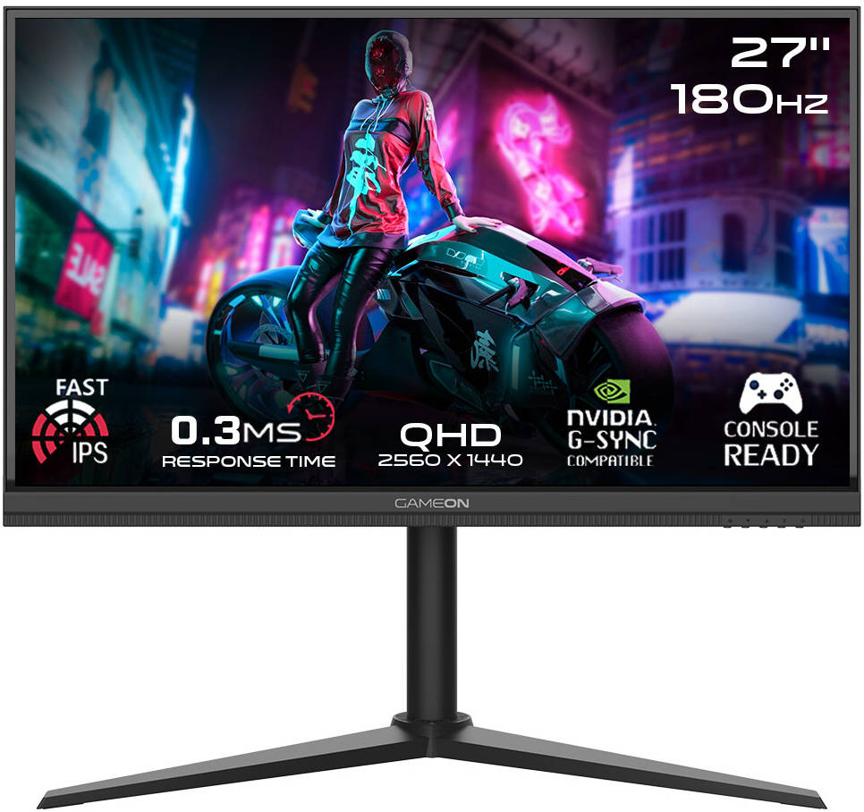  GAMEON GOM27QHD180IPS Midnight Pro Series Gaming Monitor 27" QHD 2560 x 1440 Fast IPS Display 180Hz Refresh Rate 0.3ms Response Time AMD FreeySync & NVIDIA G-Sync Technology 2× HDMI 2.1 2× DP 1.4 - Black