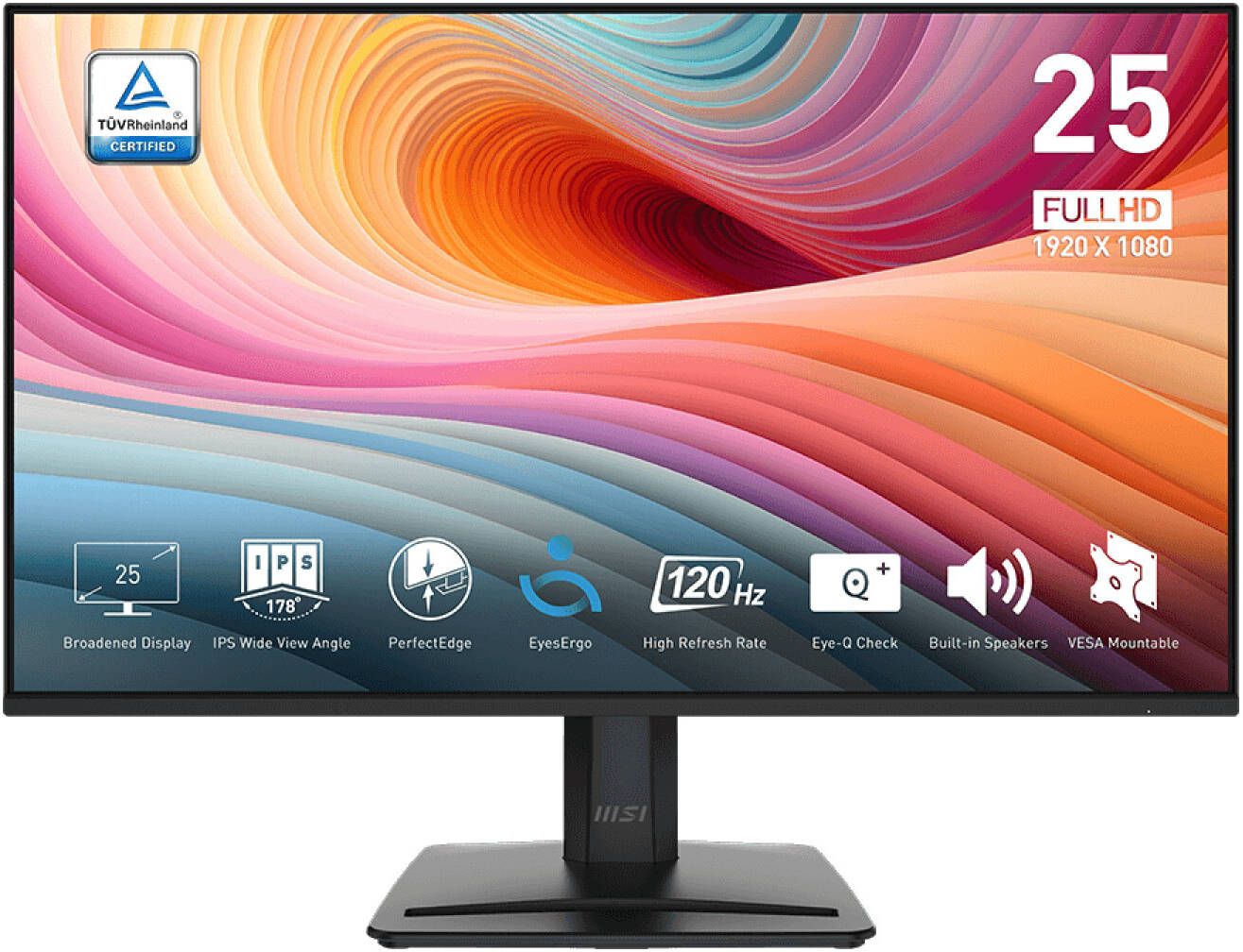 شاشة MSI PRO MP251 E2 المتوافقة مع Adaptive-Sync مقاس 24.5 بوصة بدقة FHD مع لوحة IPS ومعدل تحديث 120 هرتز وزمن استجابة 1 مللي ثانية – جاهزة لـ HDR، منافذ HDMI وDisplayPort وVGA، تقنية EyeCare، قابلة للتثبيت على حامل VESA - أسود