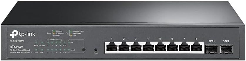 TP‑Link TL‑SG2210MP JetStream 10‑Port Gigabit Smart PoE+ Switch Omada Managed with 8× PoE+ Ports, 2× SFP, 150 W PoE Budget & Centralized Cloud Management