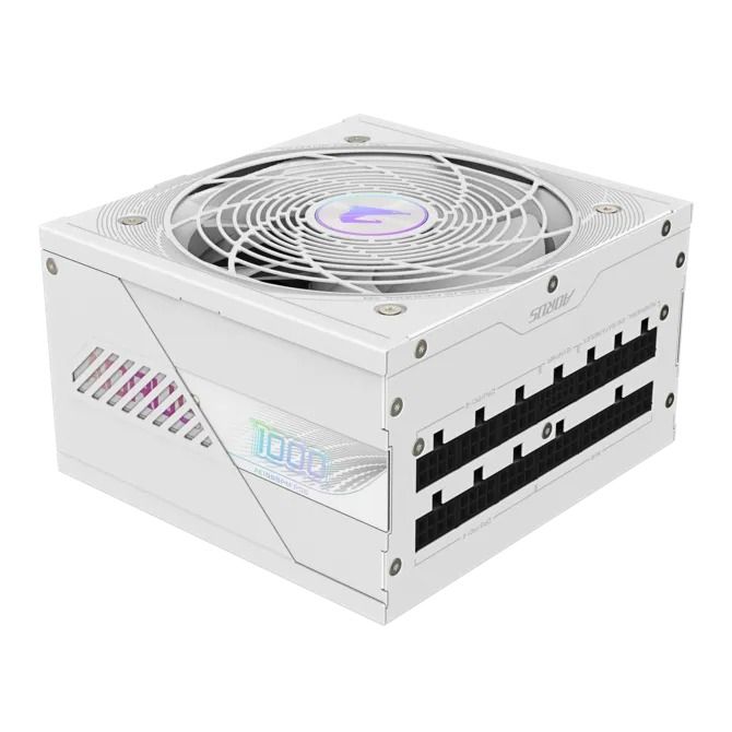مزود طاقة جيجابايت GP-AE1000PM PG5 ICE بقدرة 1000 واط، حاصل على شهادة 80+ بلاتينيوم، موديولار بالكامل، يدعم PCIe 5.0 وATX 3.0، باللون الأبيض
