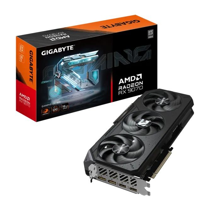 GIGABYTE راديون RX 9070 إصدار الألعاب OC بذاكرة 16GB GDDR6 واجهة PCIe 5.0 مع ثلاث مراوح RGB وDual BIOS بطاقة رسومات للألعاب