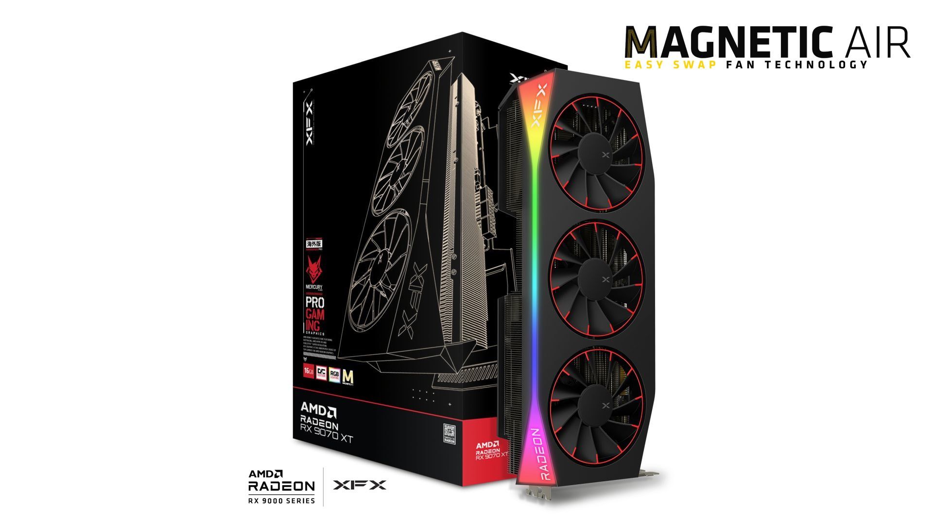 XFX Mercury AMD Radeon RX 9070 XT OC Magnetic Air Edition with RGB, 16GB GDDR6, Boost Clock Up to 3100 MHz, 3x DisplayPort 2.1, 1x HDMI 2.1, PCIe 5.0, 3x 8-pin Power Connectors
