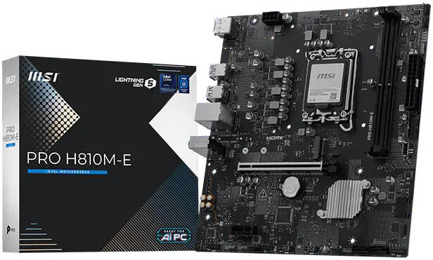 اللوحة الأم MSI PRO H810M-E DDR5 بمقبس LGA 1851 وبحجم Micro-ATX، مزودة بشريحة Intel H810 وتحتوي على منفذ M.2 واحد.