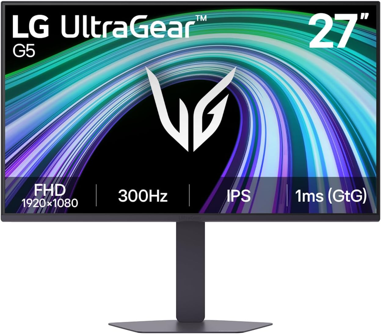 شاشة الألعاب LG UltraGear G5 مقاس 27 بوصة، لوحة عرض IPS بدقة FHD، معدل تحديث 300 هرتز، زمن استجابة 1 مللي ثانية (GtG)، تدعم HDR10، ومتوافقة مع AMD FreeSync Premium وNVIDIA G-SYNC، باللون الأسود.