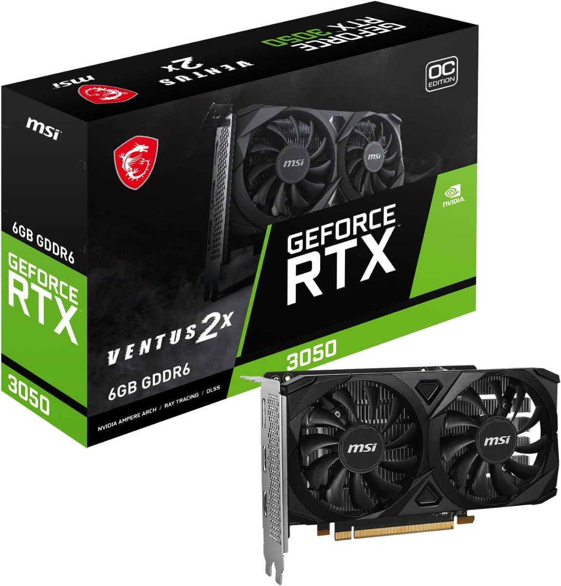 MSI GeForce RTX 3050 VENTUS 2X OC 6GB GDDR6 Graphic Card Core Clocks Boost 1492 MHz Memory Speed 14 Gbps Memory Bus 96-bit PCI Express Gen 4 x16 (uses x8)