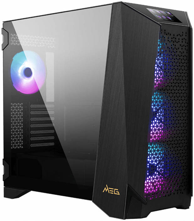 صندوق ألعاب MSI MEG PROSPECT 700R متوسط البرج باللون الأسود، لوحة لمس LCD مقاس 4.3 بوصة، مراوح ARGB مقاس 140 مم، 7 فتحات توسعة، يدعم بطاقات رسومية حتى 400 مم، ويدعم رادياتير حتى 360 مم