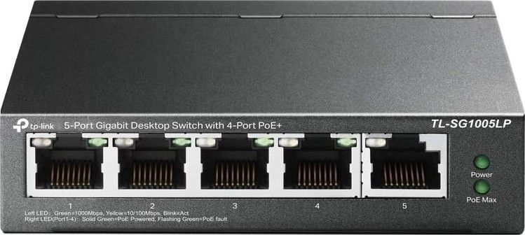 TP‑Link TL-SG1005LP 5‑Port Gigabit Desktop PoE+ Switch 4× PoE+ RJ45 Ports, 40W Power Budget, Unmanaged Plug and Play