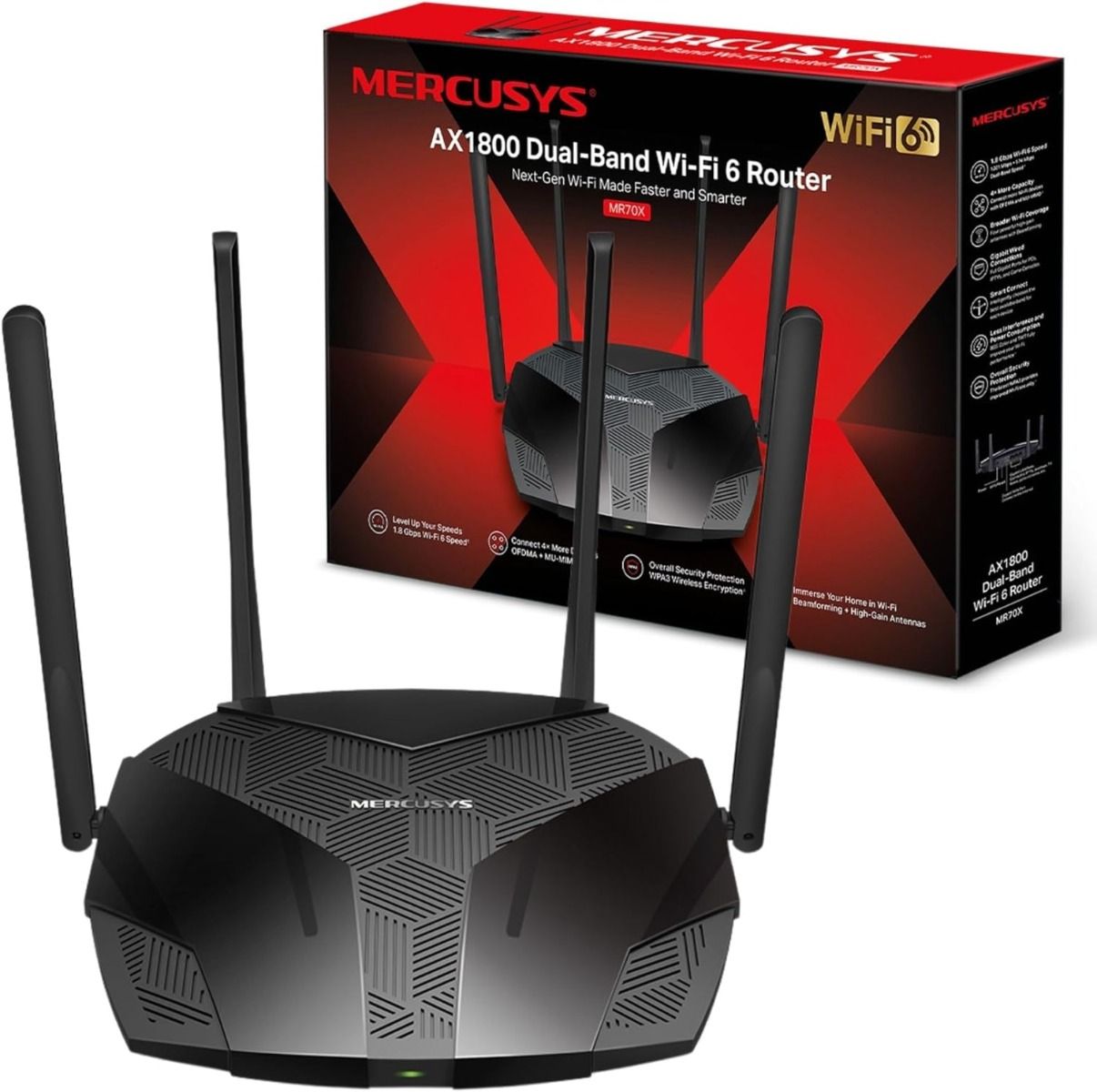 Mercusys MR70X AX1800 Dual-Band WiFi 6 Router 1 Gigabit WAN + 3 Gigabit LAN, 4×5 dBi High-Gain Antennas, WPA3 Security