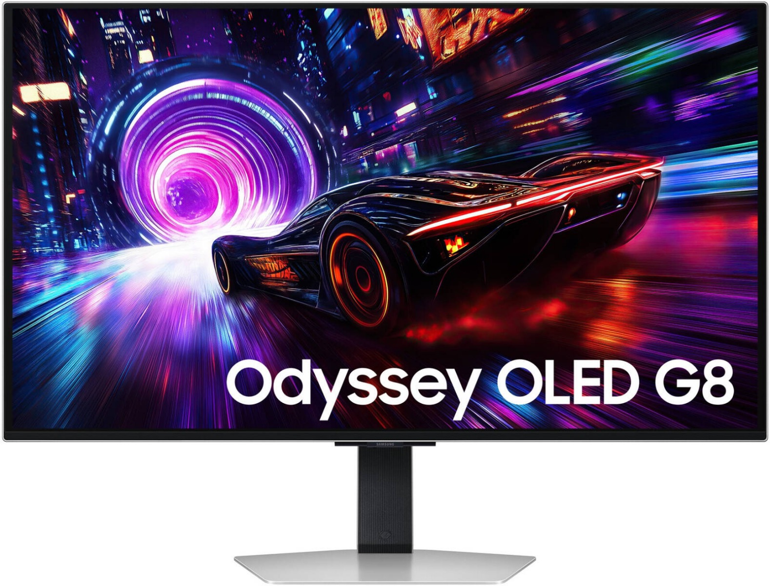 شاشة سامسونج أوديسي G8 ‏G81SF للألعاب مقاس 32 بوصة بدقة 4K ‏(3,840 × 2,160)، مزودة بشاشة QD-OLED، ومعدل تحديث 240 هرتز، وزمن استجابة 0.03 مللي ثانية، مع دعم ألوان يصل إلى 1 مليار لون، وتقنية FreeSync Premium Pro، باللون الفضي.