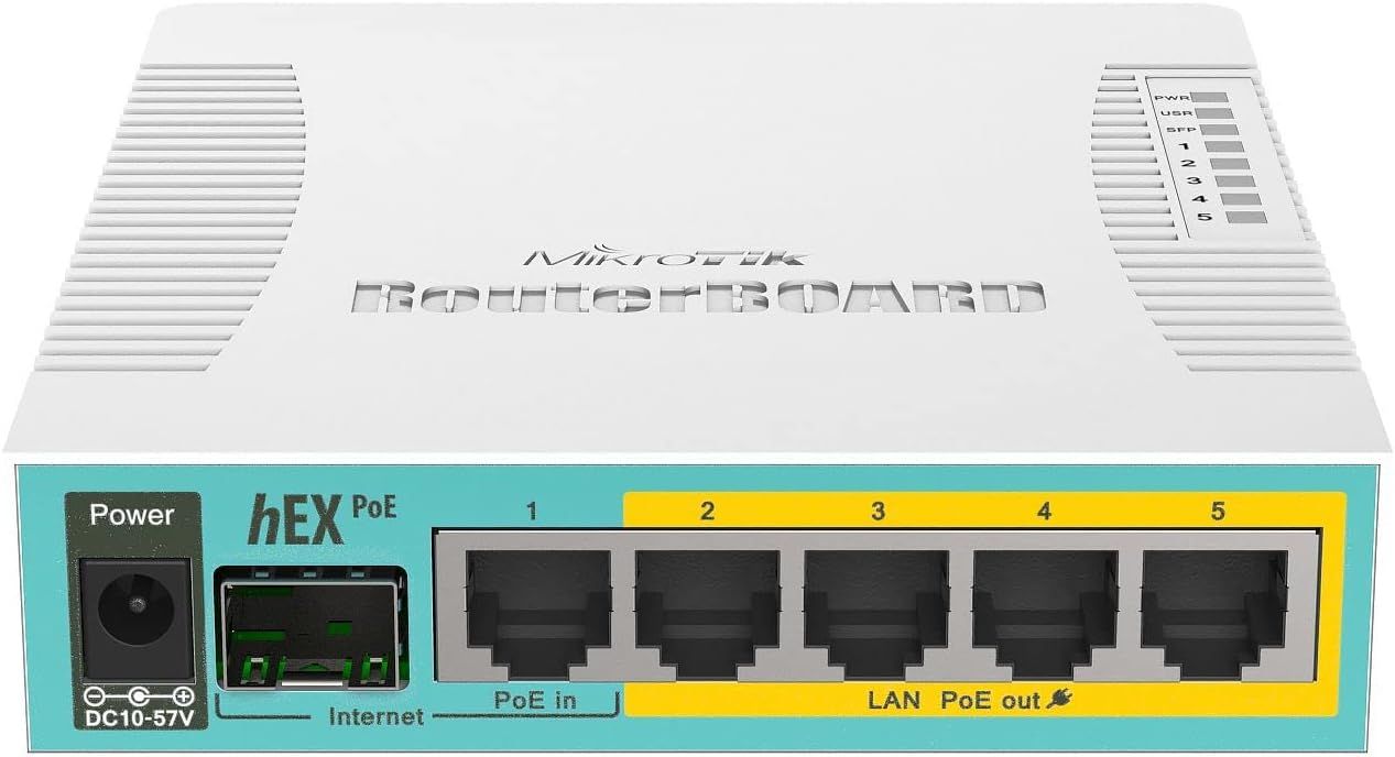 جهاز توجيه MikroTik hEXPoE (RB960PGS) 5× Gigabit Ethernet + SFP + USB مع 4 منافذ PoE‑Out، ووحدة معالجة مركزية بسرعة 800 ميجاهرتز، وجهاز توجيه RouterOSLevel4
