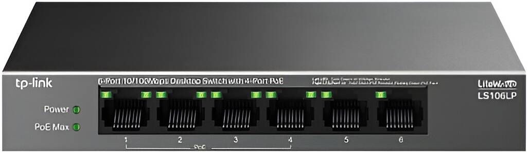 TP-Link LS106LP 6-Port 10/100Mbps Fast Ethernet Switch with 4-Port PoE+ (41 W Budget), Extend Mode and Fanless Metal Desktop-Wall-mounting