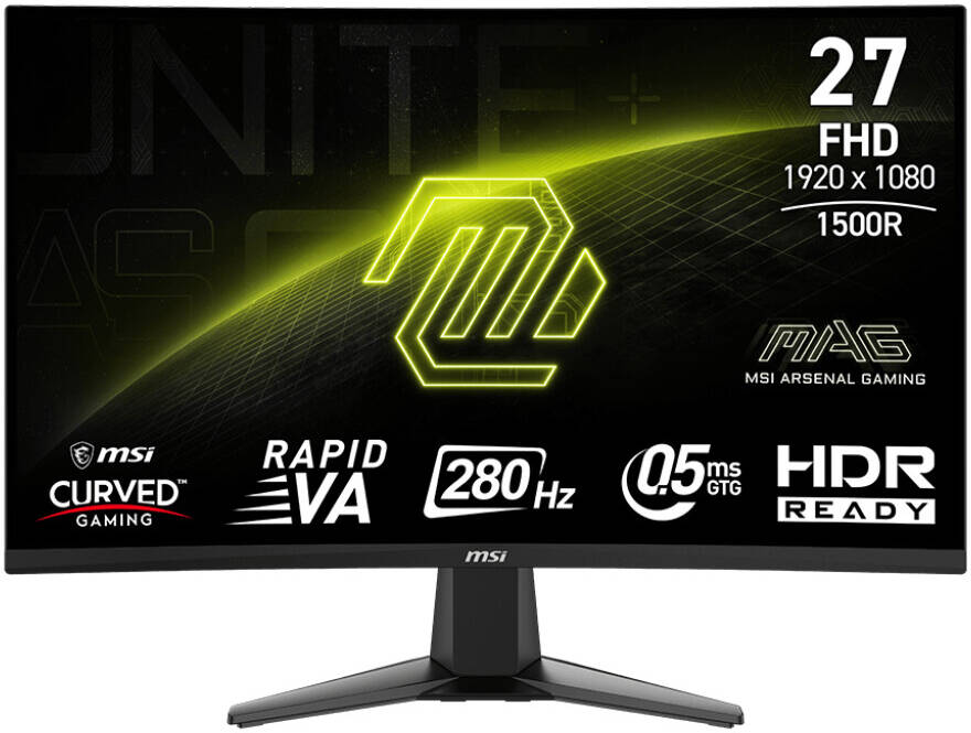 شاشة الألعاب المنحنية MSI MAG 276CXF مقاس 27 بوصة، بدقة FHD ‏1920 × 1080، ولوحة VA، ومعدل تحديث 280Hz، وزمن استجابة 0.5ms ‏(GtG)، وتقنية AI Vision، وتقنية تقليل الضوء الأزرق، وانحناء 1500R، باللون الأسود.