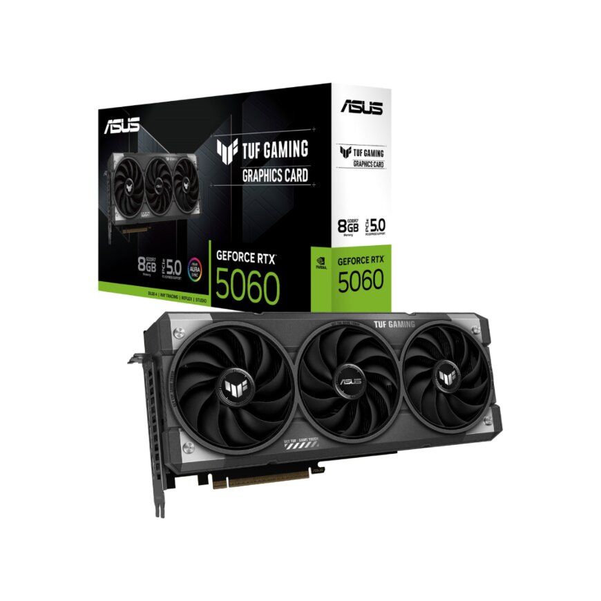 بطاقة الرسوميات ASUS TUF Gaming GeForce RTX 5060 بسعة 8 جيجابايت GDDR7 مع تقنية DLSS 4 وبنية NVIDIA Blackwell ونظام تبريد بثلاثة مراوح وواجهة PCIe 5.0 ومنافذ HDMI 2.1b و3× DisplayPort 2.1b