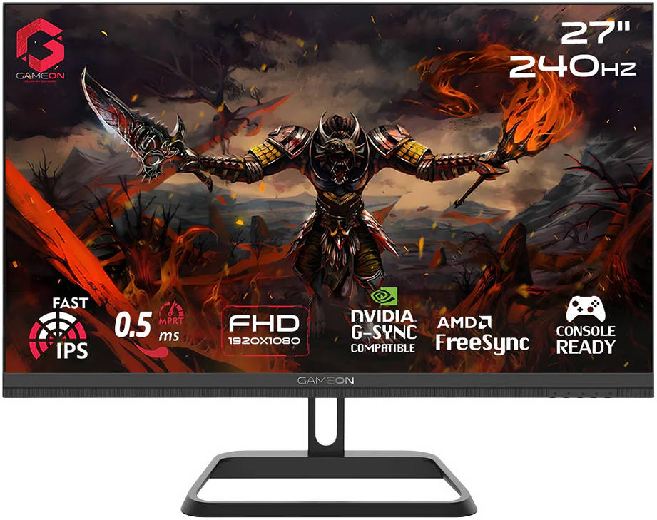 شاشة ألعاب GAMEON من سلسلة Midnight Pro مقاس 27 بوصة بدقة FHD ‏1920 × 1080، بتقنية Fast IPS، ومعدل تحديث 240 هرتز، وزمن استجابة 0.5 مللي ثانية (MPRT)، ودعم AMD FreeSync وAdaptive-Sync وتقنية HDR10، ومنفذ HDMI 2.1 واحد ومنفذ DisplayPort 1.4 واحد، باللون ال
