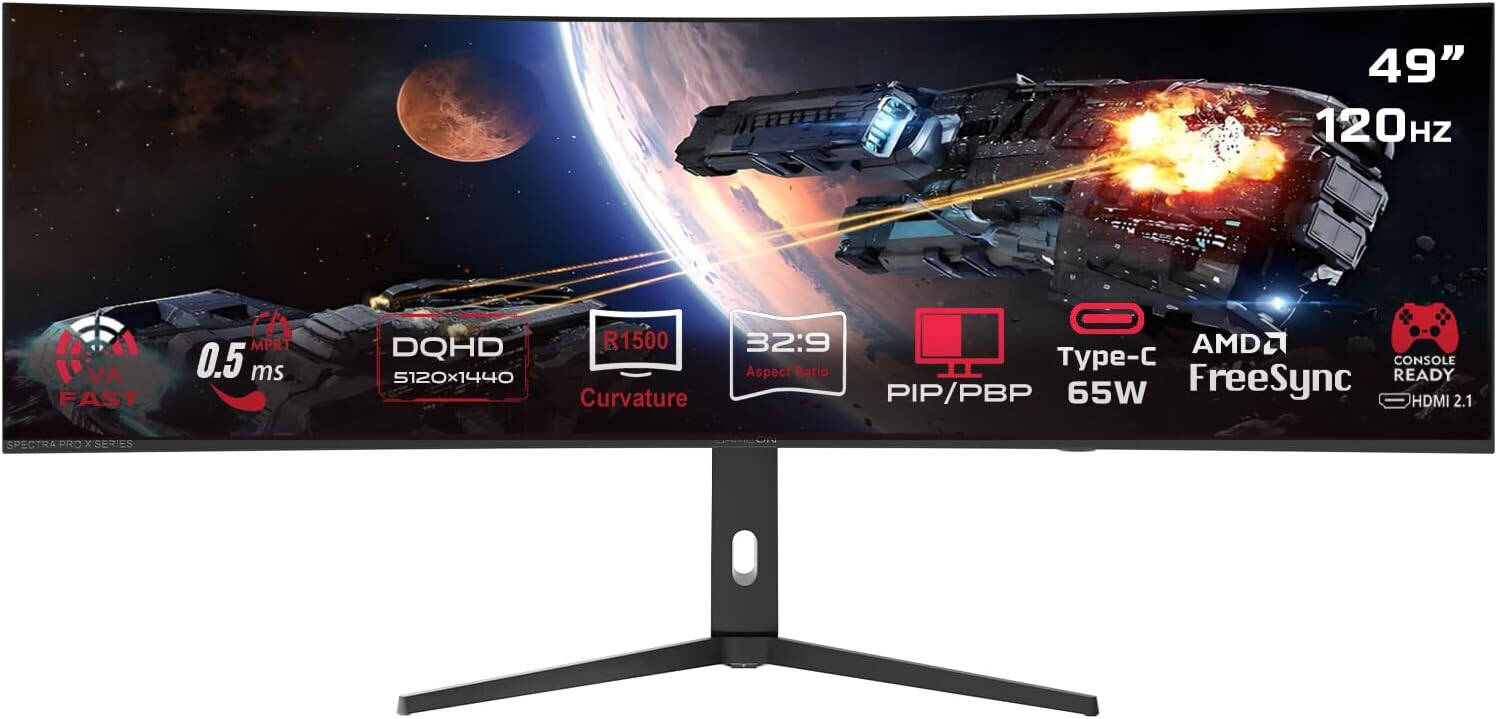 GAMEON GOC49DQHD120 Curved 5K Gaming Monitor 49" DQHD 5120 x 1440 VA Display 120Hz Refresh Rate 0.5ms (MPRT) Response Time 1500R Curvature HDR Support HDMI 2.1 DisplayPort 1.4 Built-in 3W × 2 Stereo Speakers - Black